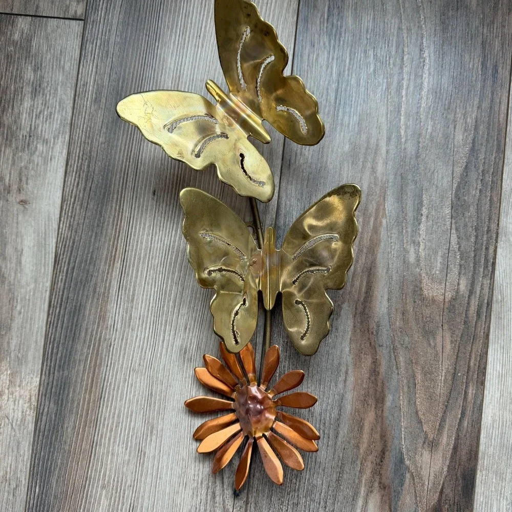 Vintage Brass Butterfly Wall Art‎ Set of 2 Copper Flowers 1970s